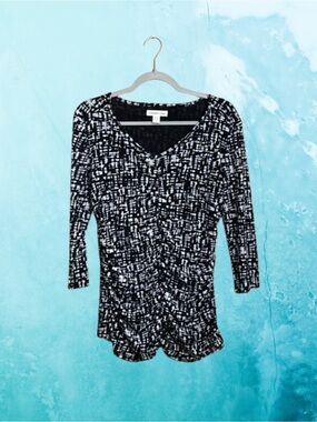 Vtg? Y2K Coldwater Creek black & white abstract ruched v-neck top sz L/14